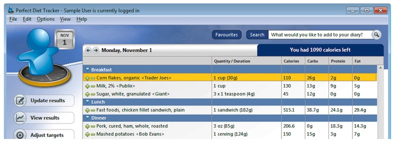 Diet diary for Windows. Add food & exercise. Let the software keep track of your calories.