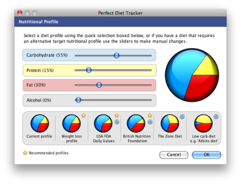 Set your own nutritional profile, use your own or pre-sets like government recommend profiles, Atkins or keto etc.