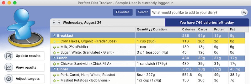 Perfect Diet Tracker main screen. Keep a daily food diary, let the software count calories for you.